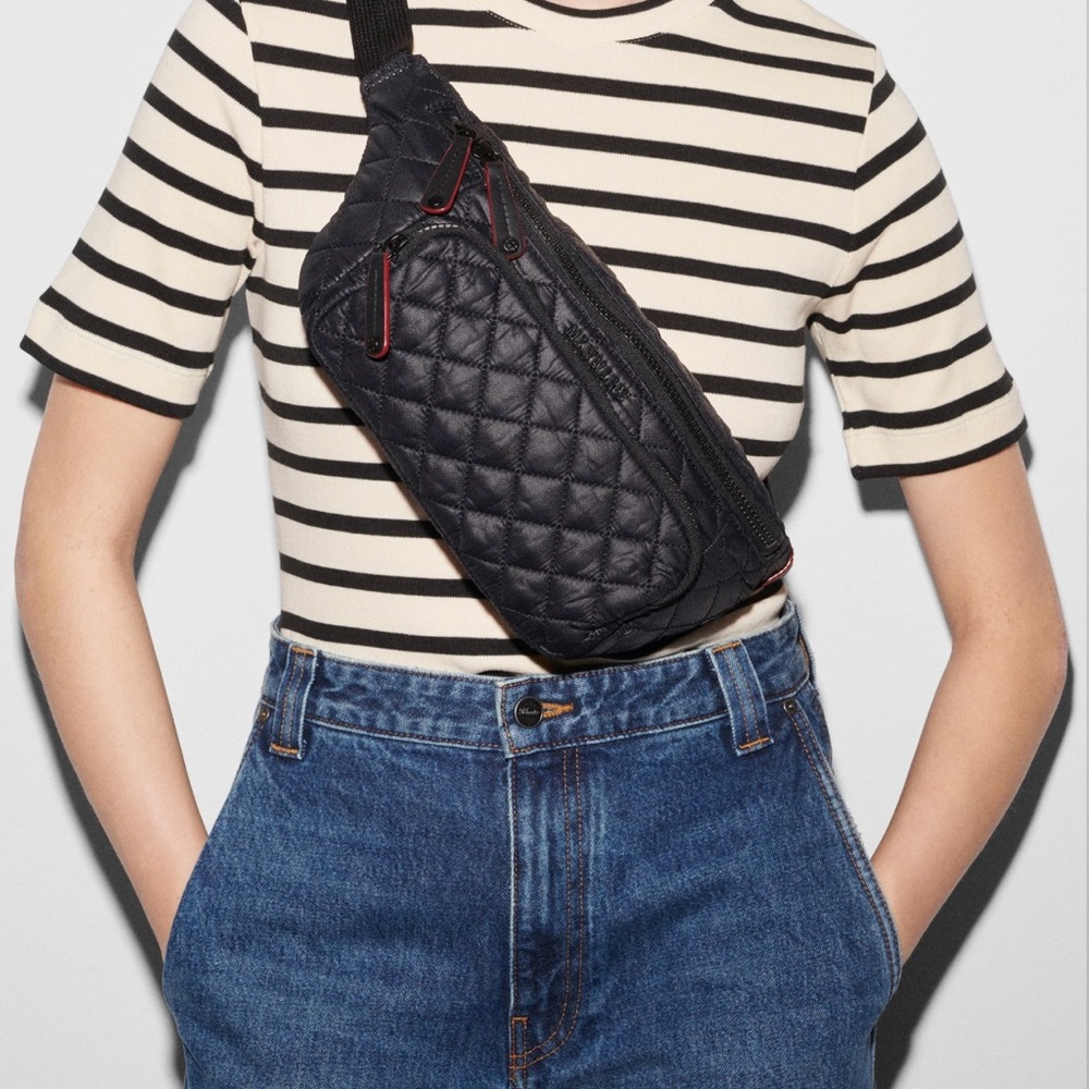 MZ Wallace Metro Quilted Black Belt Sling Bag in Black